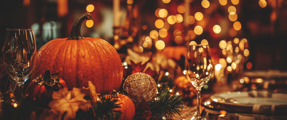 Celebrating autumn with a cozy pumpkin centerpiece and warm lighting for a festive gathering