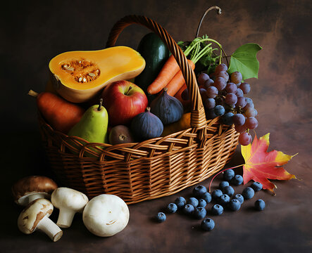Abundant harvest basket overflowing with fresh autumn fruits and vegetables in warm lighting