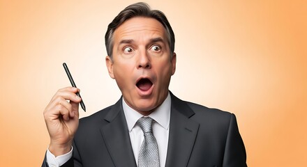 A surprised businessman holding a pen and looking upwards with his mouth open, suggesting a sudden idea or realization.