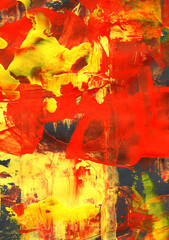 Abstract palette knife painting in vibrant red and yellow tones with expressive brushstrokes of red and yellow acrylic or oil. Contemporary art. 