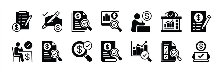 Financial inspecting icon vector set. Contains statement, analysis, check, tax, document, report, checklist, checkmark, evaluation, approved, research, review, survey, accountant - Illustration © Vilogsign