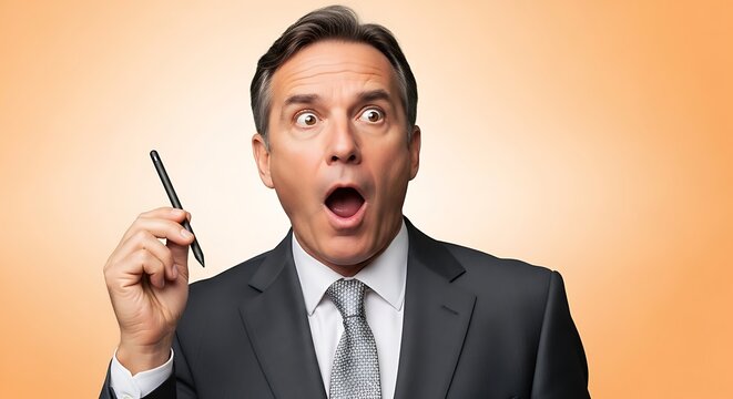 A surprised businessman holding a pen and looking upwards with his mouth open, suggesting a sudden idea or realization.