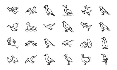 Bird Silhouette Icon Set in Minimal Line Art Style on White Background – Vector Collection of Flying Birds, Penguins, Parrots, Ducks, and Songbirds for Nature and Wildlife Design