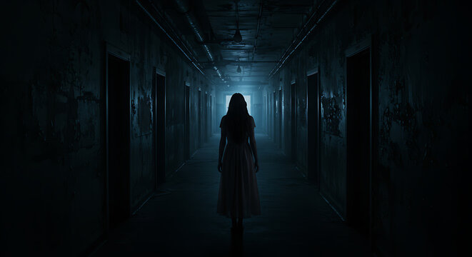 Woman in white dress walks down a dark creepy corridor - Powered by Adobe