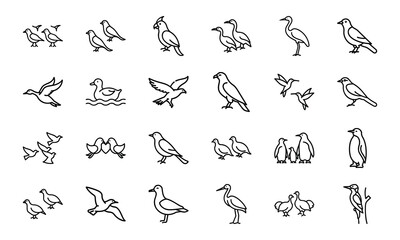 Bird Silhouette Icon Set in Minimal Line Art Style on White Background – Vector Collection of Flying Birds, Penguins, Parrots, Ducks, and Songbirds for Nature and Wildlife Design