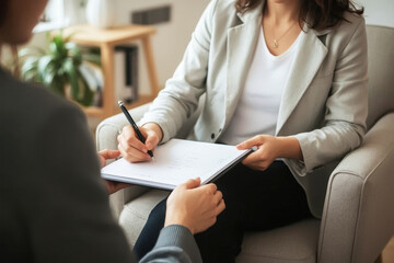 Discussion on business strategies in a comfortable office setting with note-taking involved