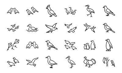 Bird Silhouette Icon Set in Minimal Line Art Style on White Background – Vector Collection of Flying Birds, Penguins, Parrots, Ducks, and Songbirds for Nature and Wildlife Design
