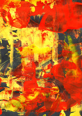 Abstract palette knife painting in vibrant red and yellow tones with expressive brushstrokes of red and yellow acrylic or oil. Contemporary art. 