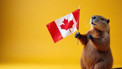 Cute beaver holds small Canada flag on bright yellow background. Animal stands upright, looks cheerful, maybe singing. Celebrates national pride, country spirit. Photo great for Canadian holidays,
