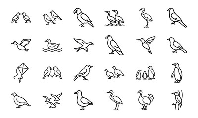 Bird Silhouette Icon Set in Minimal Line Art Style on White Background – Vector Collection of Flying Birds, Penguins, Parrots, Ducks, and Songbirds for Nature and Wildlife Design