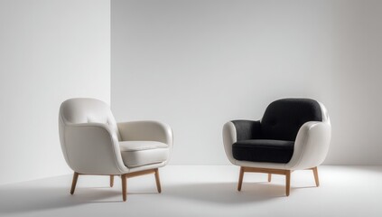 Two minimalist armchairs, one white, one black, with rounded, sculpted shapes, light wooden legs, against a white background