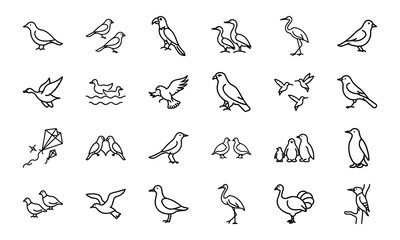 Bird Silhouette Icon Set in Minimal Line Art Style on White Background – Vector Collection of Flying Birds, Penguins, Parrots, Ducks, and Songbirds for Nature and Wildlife Design