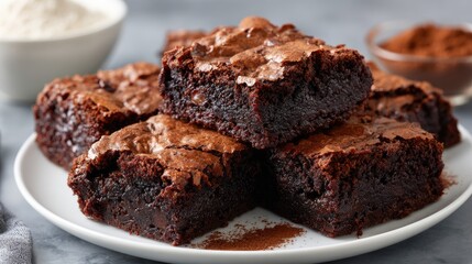 Soft chocolate brownie squares are displayed on a plate alongside cocoa powder and flour, capturing a serene culinary moment