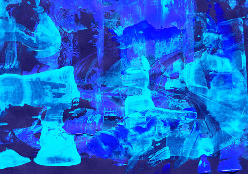 Layered acrylic painting in multiple shades of blue with deep dark mystical tones and light accents, restrained abstract design for creative artistic projects