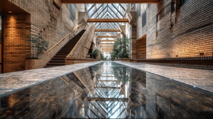 Stunning Architectural Interior with Glass Roof and Reflective Surfaces in Modern Building Design