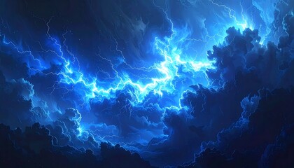 Dramatic, vibrant blue lightning illuminates dark, billowing clouds in a powerful storm scene.