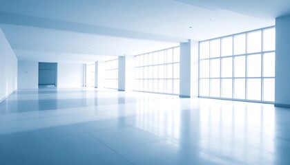 Obraz premium Empty modern office interior with large windows and bright light.