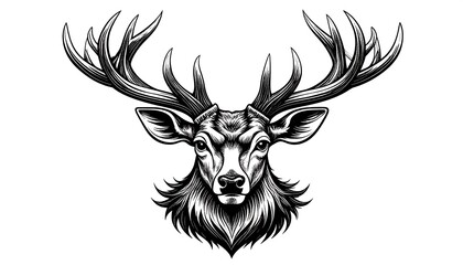 Intricate black and white illustration of a deer head, showcasing detailed antlers and facial features.