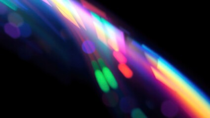 Blurred rainbow refraction overlay effect. Light lens prism effect on black background. Holographic reflection, crystal flare leak shadow overlay. Colorful rainbow disco ball light
