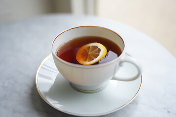Warm Lemon Tea in Elegant Cup on Marble Table