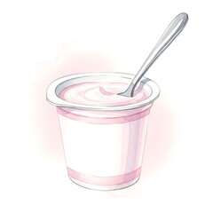 A delectable container of yogurt, featuring a pastel pink design and a silver spoon, is artistically presented against a plain white backdrop.