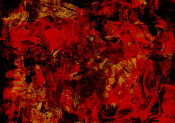 Dark horizontal abstract background with chaotic dynamic red, black and yellow strokes, color layering