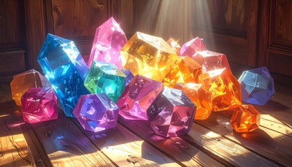 Colorful, translucent crystals are scattered on a wooden floor, illuminated by sunlight streaming into the room.