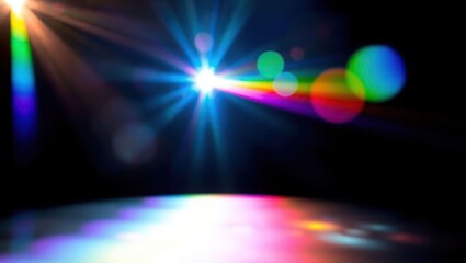 Blurred rainbow refraction overlay effect. Light lens prism effect on black background. Holographic reflection, crystal flare leak shadow overlay. Colorful rainbow disco ball light
