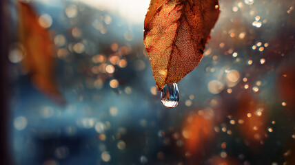 Water droplet forming on autumn leaf tip with warm golden bokeh background creating seasonal nature macro