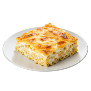 Baked pasta dish on a white plate topped with melted cheese on white or transparent background