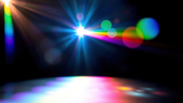 Blurred rainbow refraction overlay effect. Light lens prism effect on black background. Holographic reflection, crystal flare leak shadow overlay. Colorful rainbow disco ball light