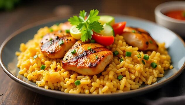 Spiced kabsa rice dish arranged neatly with grilled chicken pieces and vegetable garnish 