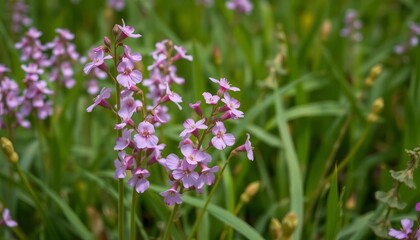 Fototapeta premium Delicate pink and purple flowers of Lathyrus sylvestris, narrow leaves, wildflower meadow, spring, legume