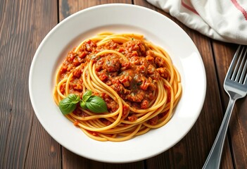 Classic spaghetti bolognese served on a white plate, rustic wooden table,   recipe,  garlic