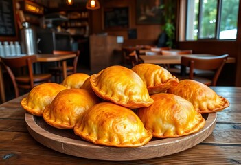 Golden-brown empanadas arranged on rustic wooden table in a Buenos Aires cafe,  wood,  high resolution