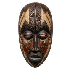 Dark wooden African tribal mask featuring geometric patterns and stylized facial features on white or transparent background