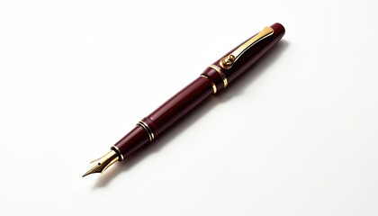 Luxury fountain pen with burgundy body and gold accents. Pen has gold nib and clip. Object isolated on white background. Writing instrument for creative or business use.