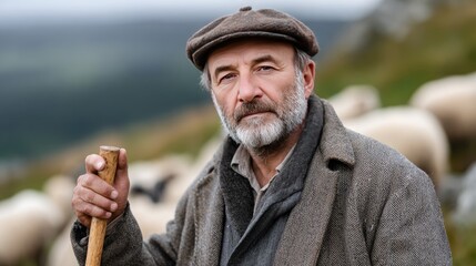 A seasoned shepherd stands confidently with his flock amidst tall grass and a clear sky, showcasing a rural lifestyle.