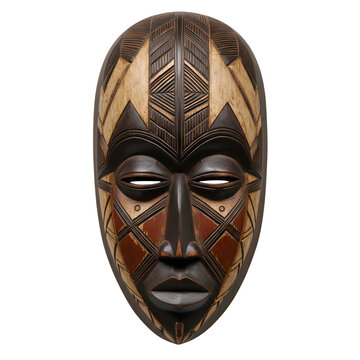 Dark wooden African tribal mask featuring geometric patterns and stylized facial features on white or transparent background
