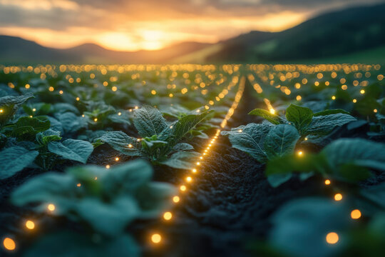 Mint plants in a field with lights in the background.