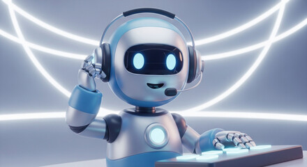 Robot assistant working near keyboard with futuristic background. Robot assistant helps with customer service and technical support, assisting users online.