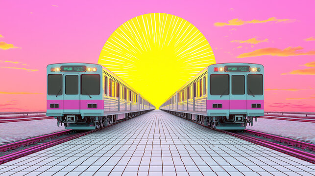 Retro futurism styled image featuring two trains on parallel tracks against vibrant pink sky with large yellow sun. scene evokes sense of nostalgia and surrealism
