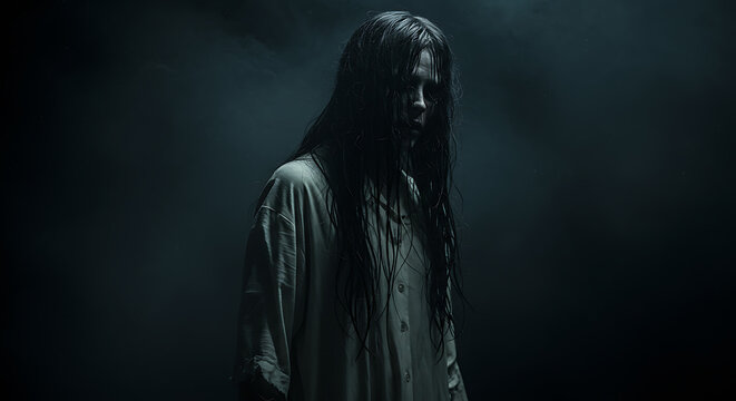 Eerie woman with wet hair in dark nightgown creates chilling atmosphere