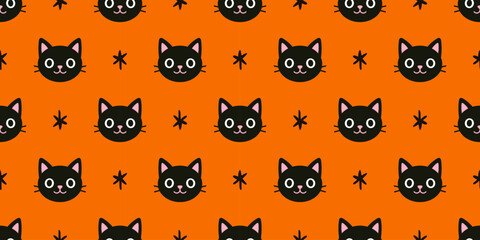 Vector seamless pattern with playful black cat faces and star on bright orange background. Spooky and cute halloween background for festive design. Witchcraft print and wrapping design.