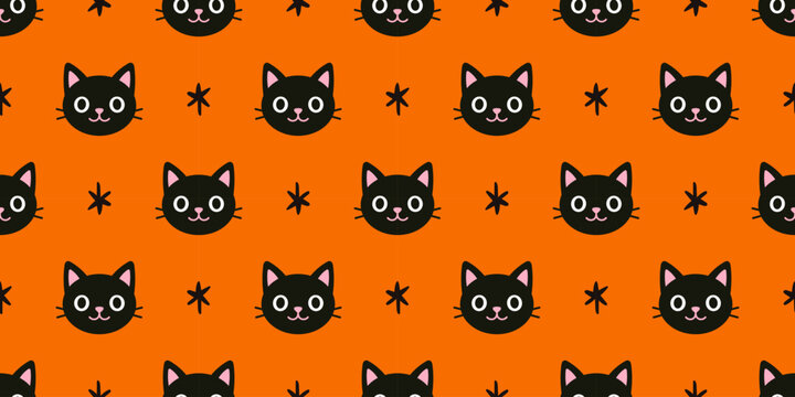 Vector seamless pattern with playful black cat faces and star on bright orange background. Spooky and cute halloween background for festive design. Witchcraft print and wrapping design.