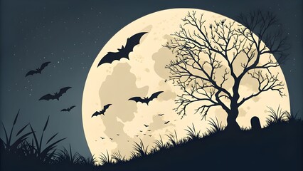 Vector Silhouette of Bats Flying Across a Giant Full Harvest Moon, Night Sky Background