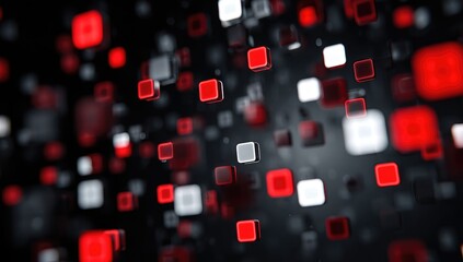 Abstract digital backdrop of many small, floating squares in red, white, and gray