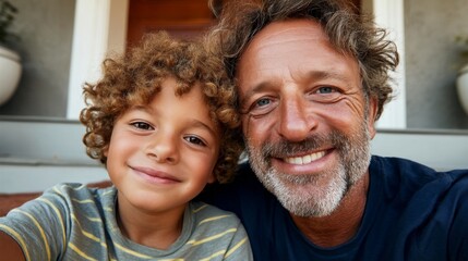 Father and son posing together outdoors.