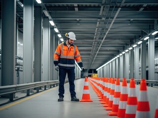 Obraz premium Safety worker observes traffic cone setup in corridor ensuring safe movement and hazard management
