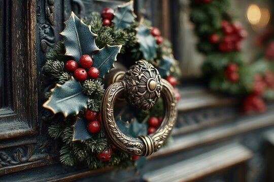 Festive brass door knocker adorned with holly leaves and red berries on ornate wooden door, creating warm holiday atmosphere. intricate design adds elegance and charm